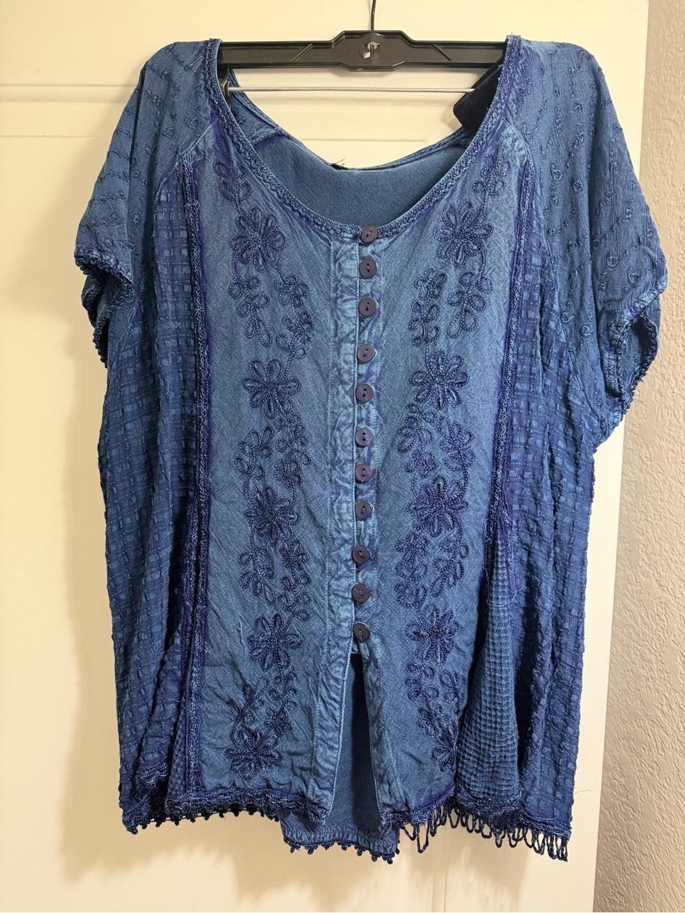 Embroidered Blue Button-Front Women's Blouse